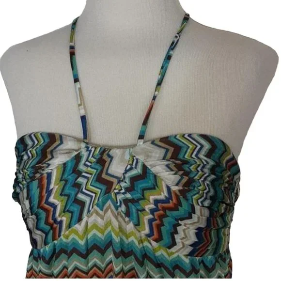 Trina Turk Ruched Sweetheart Halter Midi Dress | EUC | 6 | Blue Tan Multicolor - Picture 4 of 15